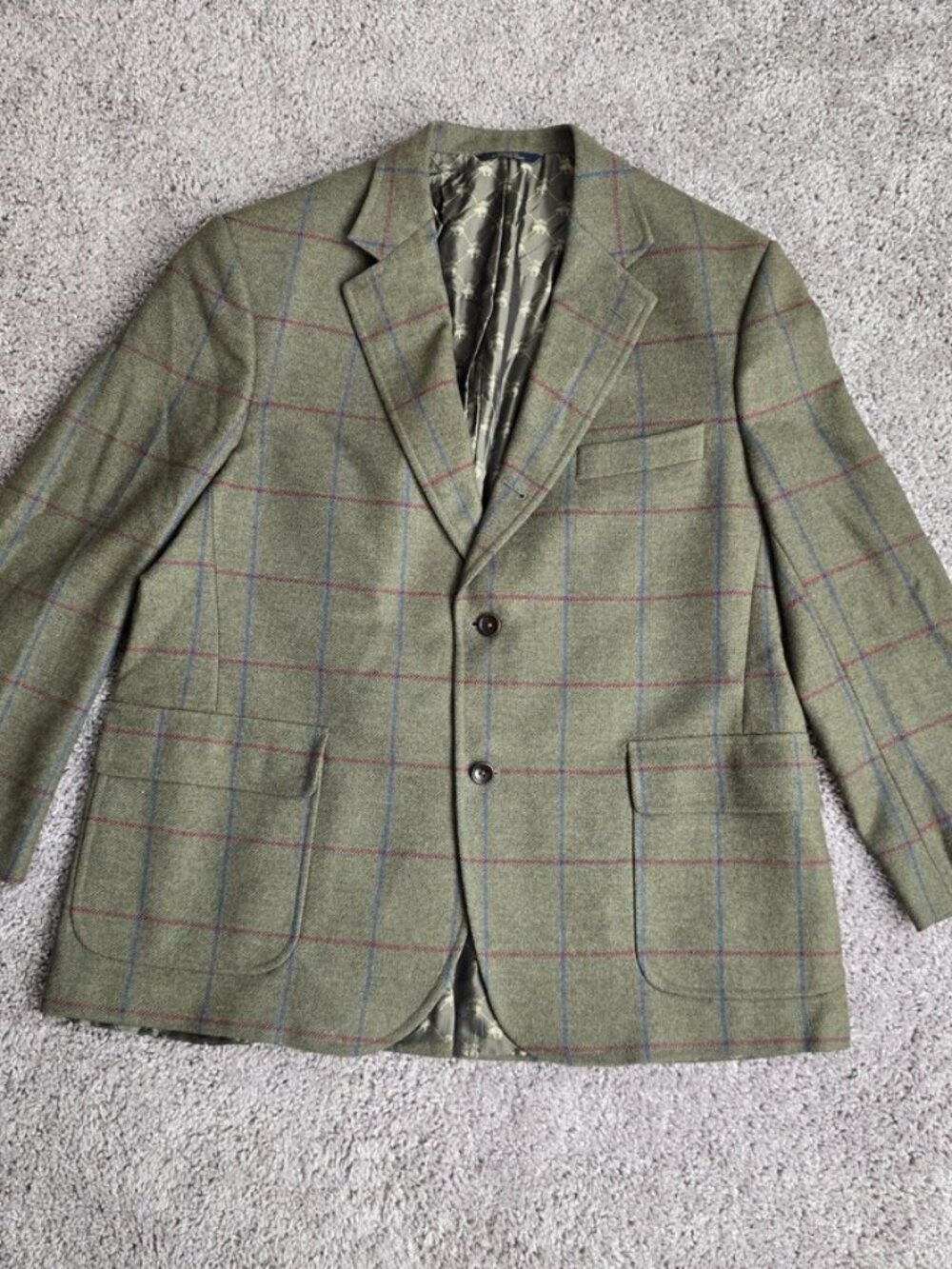 Brooks Brothers Olive Green Tweed Windowpane Sport Coat Blazer 46R Wool